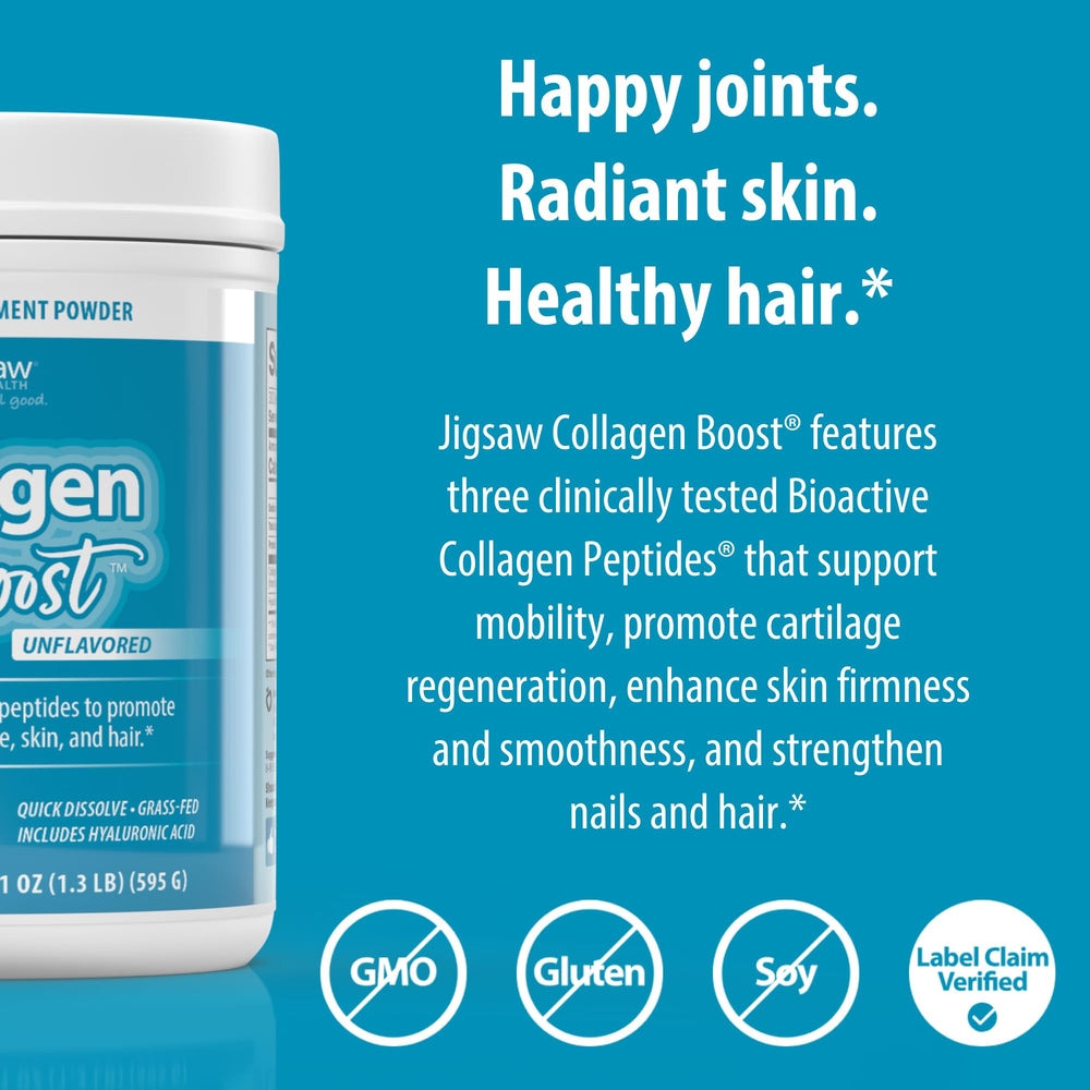Jigsaw Health Collagen Boost powder-dissolve highlights smooth integration into beverages.