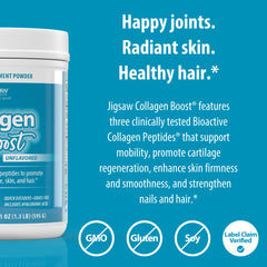 Jigsaw Health Collagen Boost powder-dissolve highlights smooth integration into beverages.