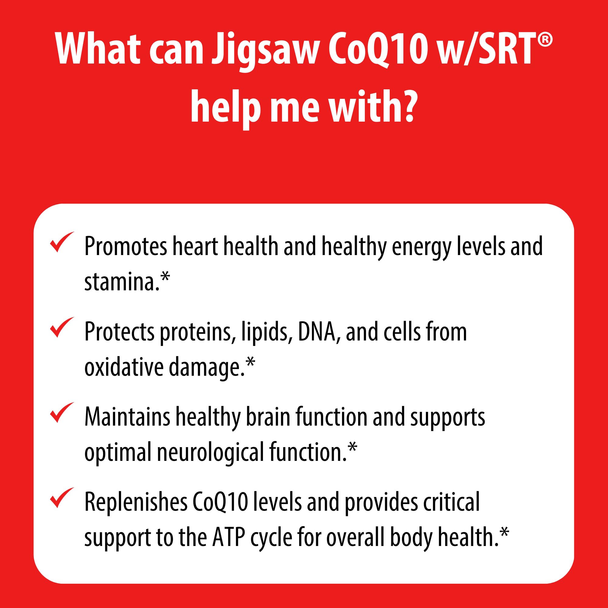 Close-up of Jigsaw Health CoQ10 w/SRT capsules.