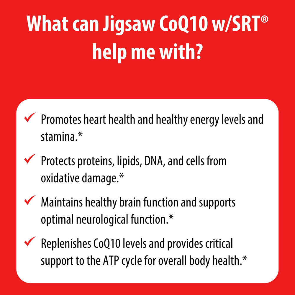 Close-up of Jigsaw Health CoQ10 w/SRT capsules.