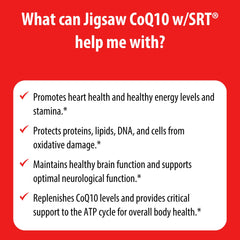 Close-up of Jigsaw Health CoQ10 w/SRT capsules.