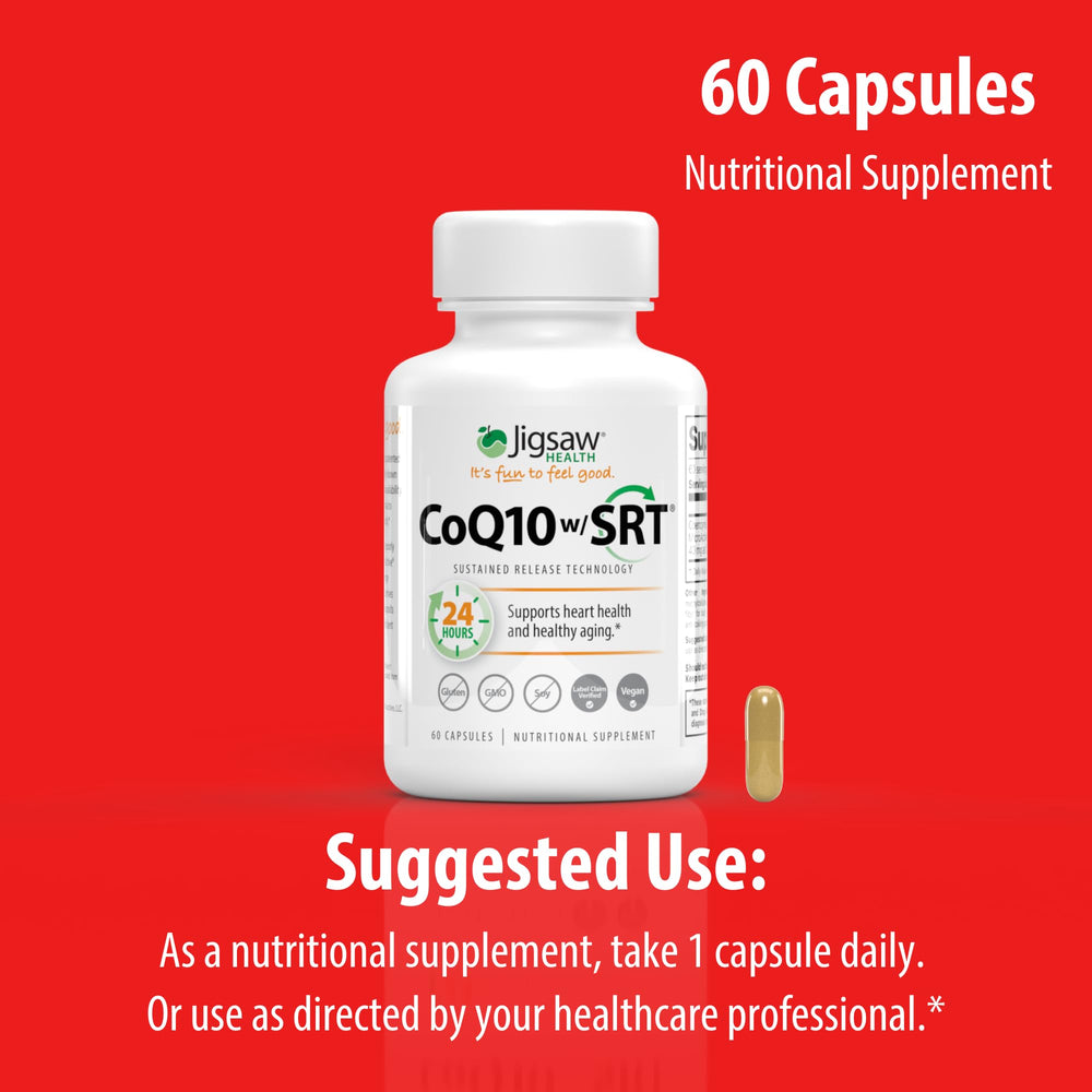 Morning routine shot with a person taking a CoQ10 w/SRT capsule.