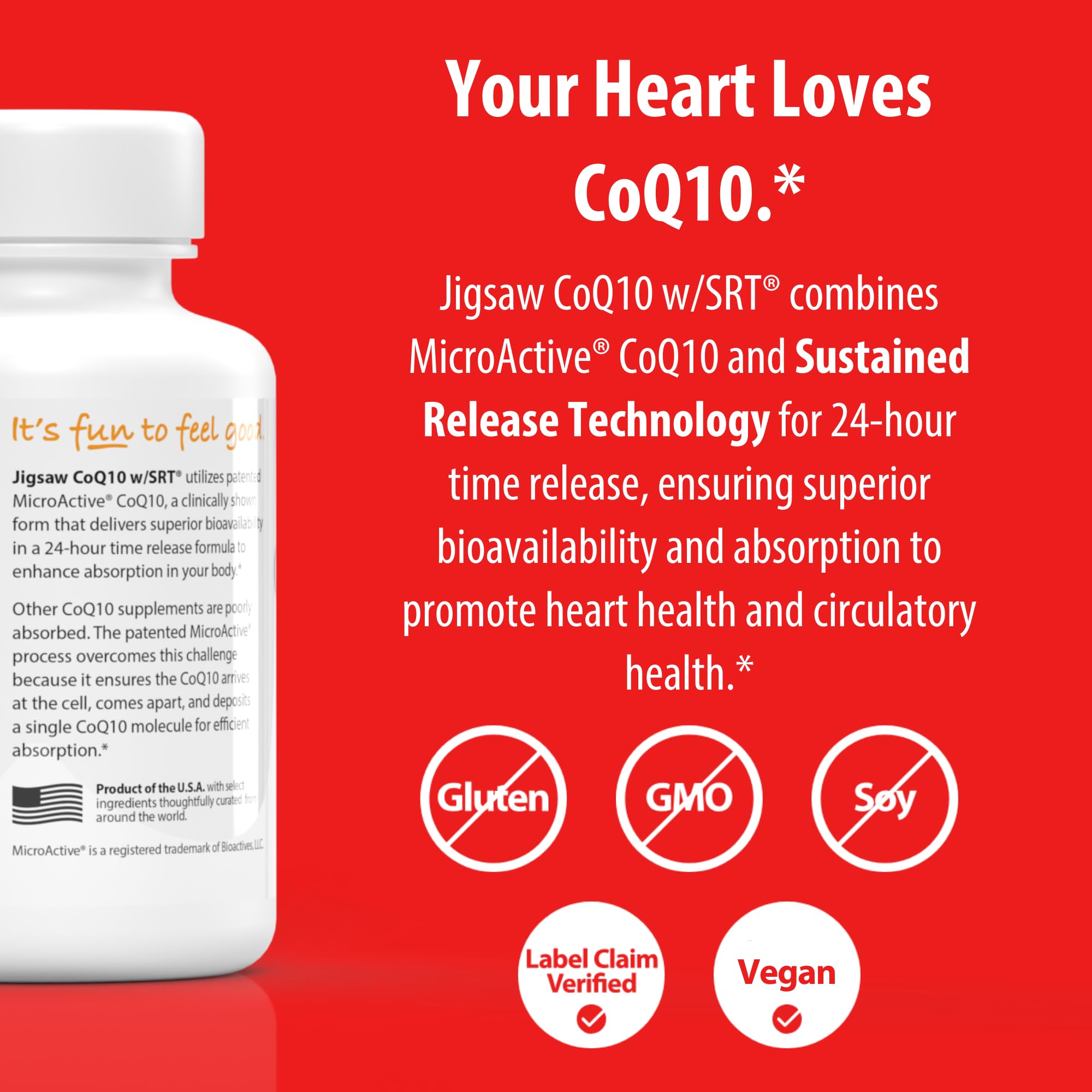 Jigsaw Health CoQ10 w/SRT bottle seen from the side.
