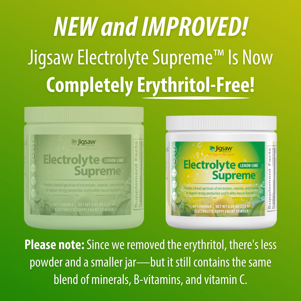Jigsaw Health Electrolyte Supreme 60-serving jar on shelf for families.