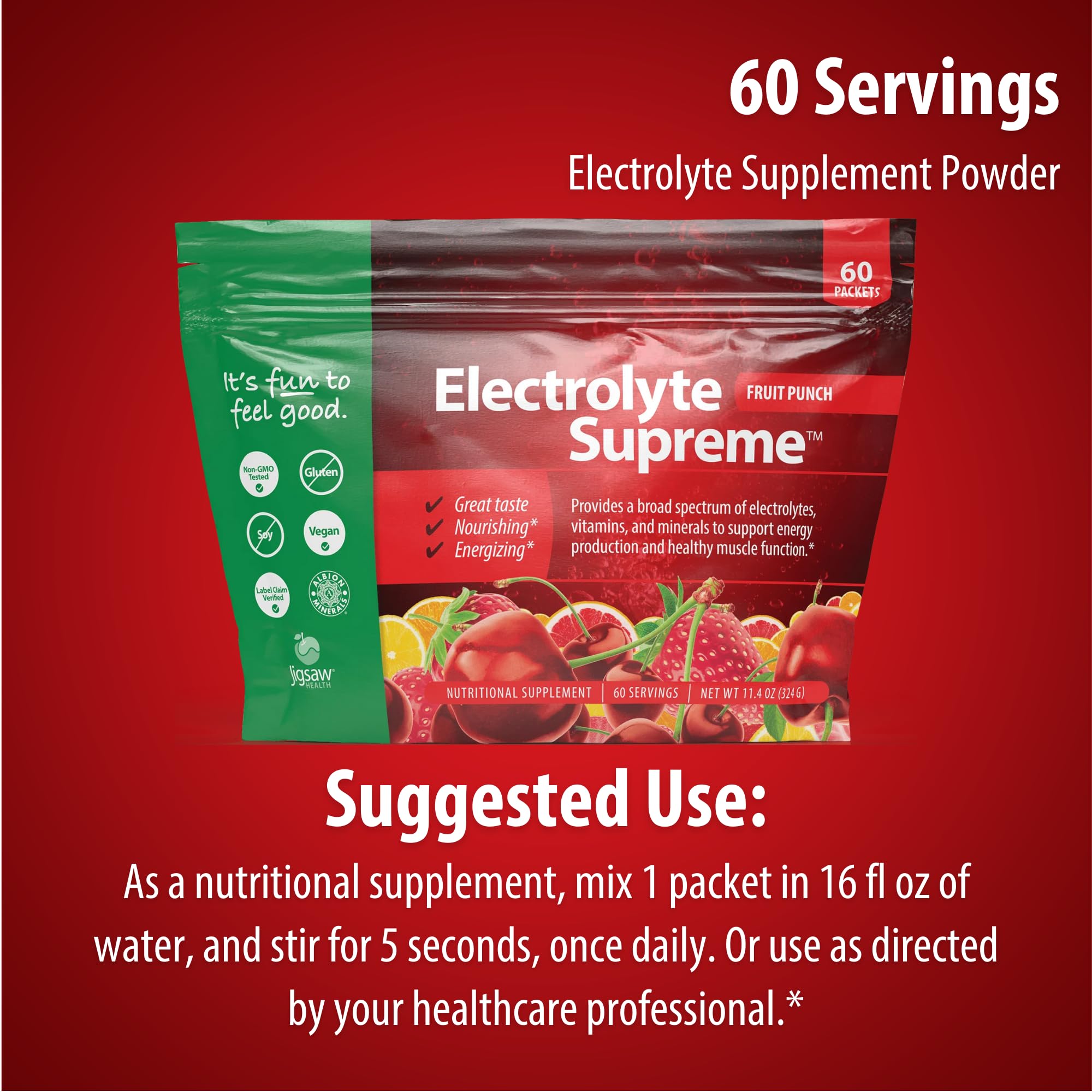 Jigsaw Health Electrolyte Supreme offers fruit punch and other flavors for hydration variety.