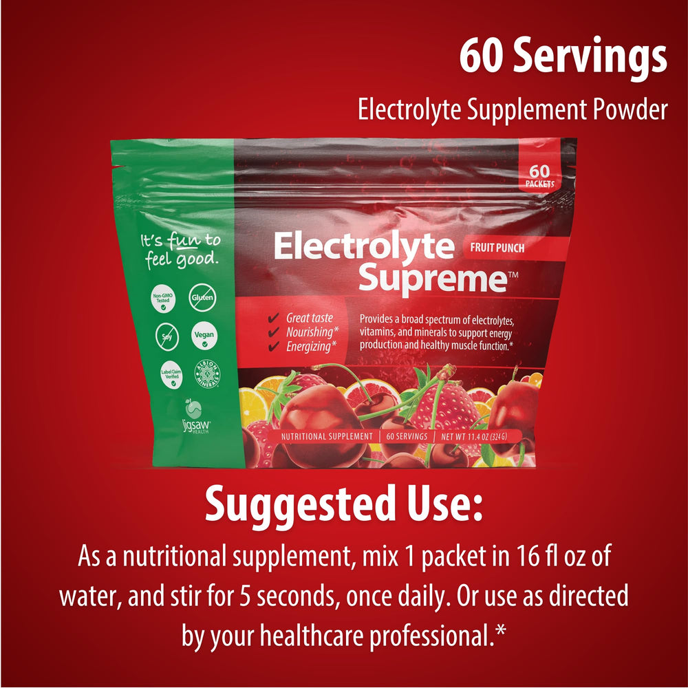 Jigsaw Health Electrolyte Supreme offers fruit punch and other flavors for hydration variety.