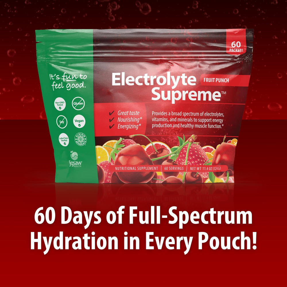 Jigsaw Health Electrolyte Supreme is mixed in a glass of water for refreshing hydration.