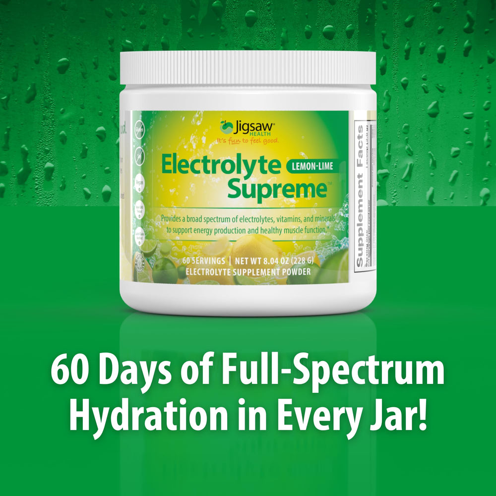 Jigsaw Health Electrolyte Supreme label highlights minerals and keto-friendly formula.