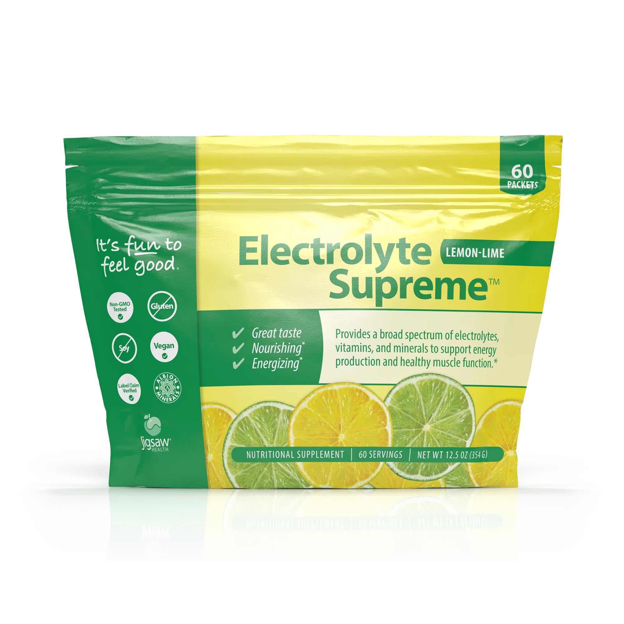 Jigsaw Health Electrolyte Supreme lemon-lime packets for quick on-the-go hydration.