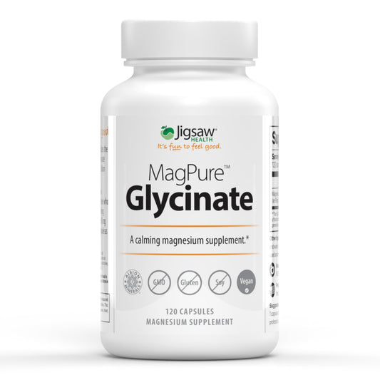 Jigsaw Health MagPure Glycinate bottle showing 50 mg elemental magnesium per capsule.