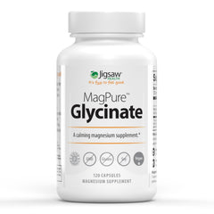 Jigsaw Health MagPure Glycinate bottle showing 50 mg elemental magnesium per capsule.