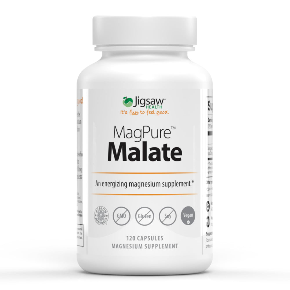 Jigsaw Health MagPure Malate bottle shown for daily energy support.