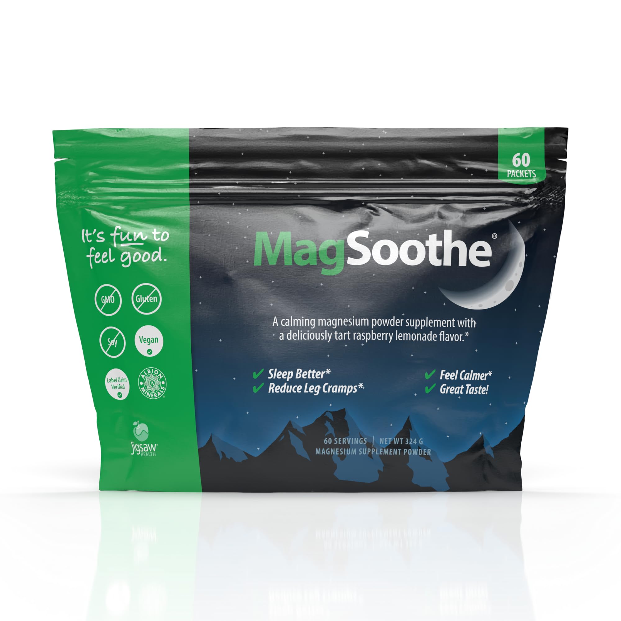 Jigsaw Health MagSoothe Raspberry Lemonade pouch ready to mix for calm evenings.