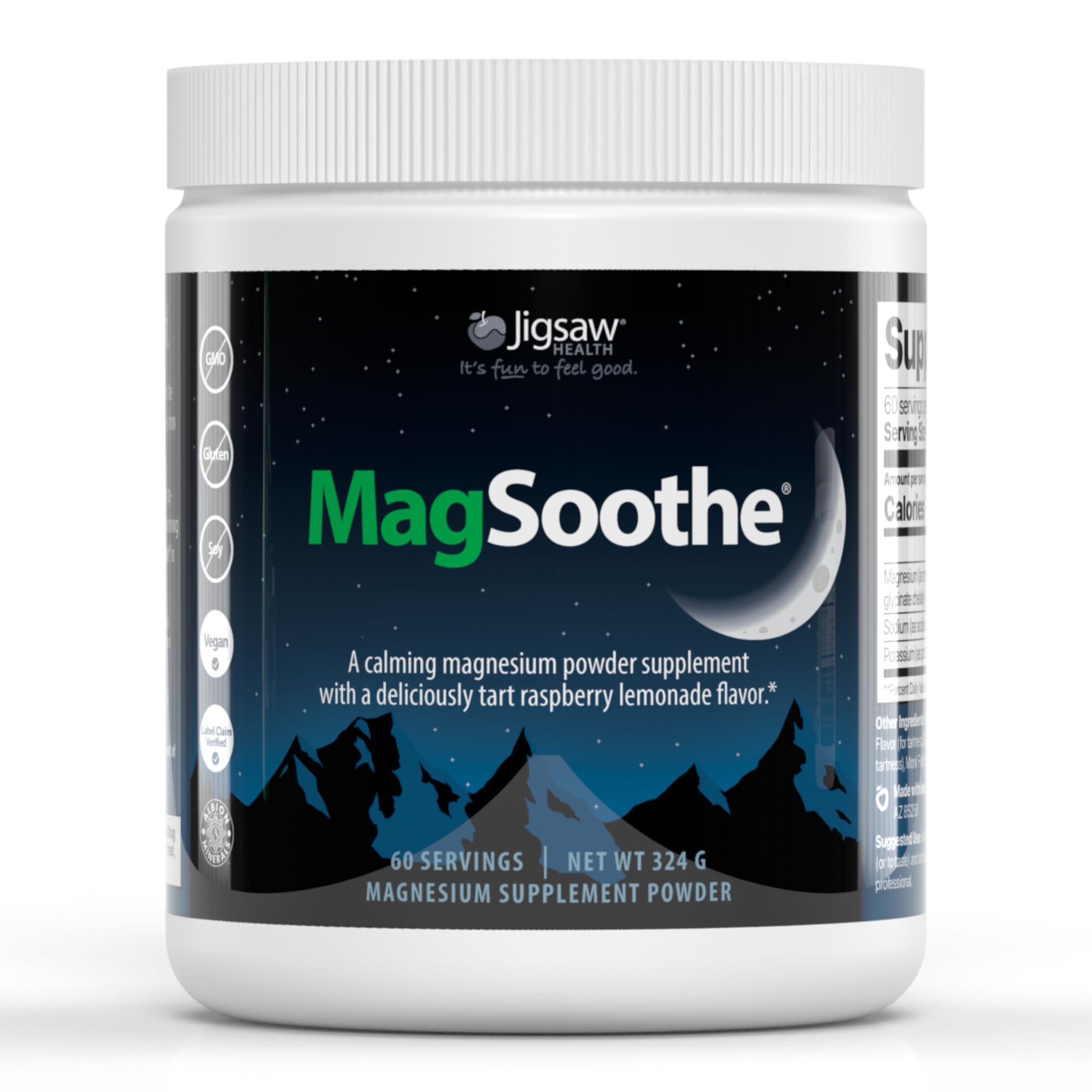 Jigsaw Health MagSoothe bottle front with raspberry lemonade flavor for calming support