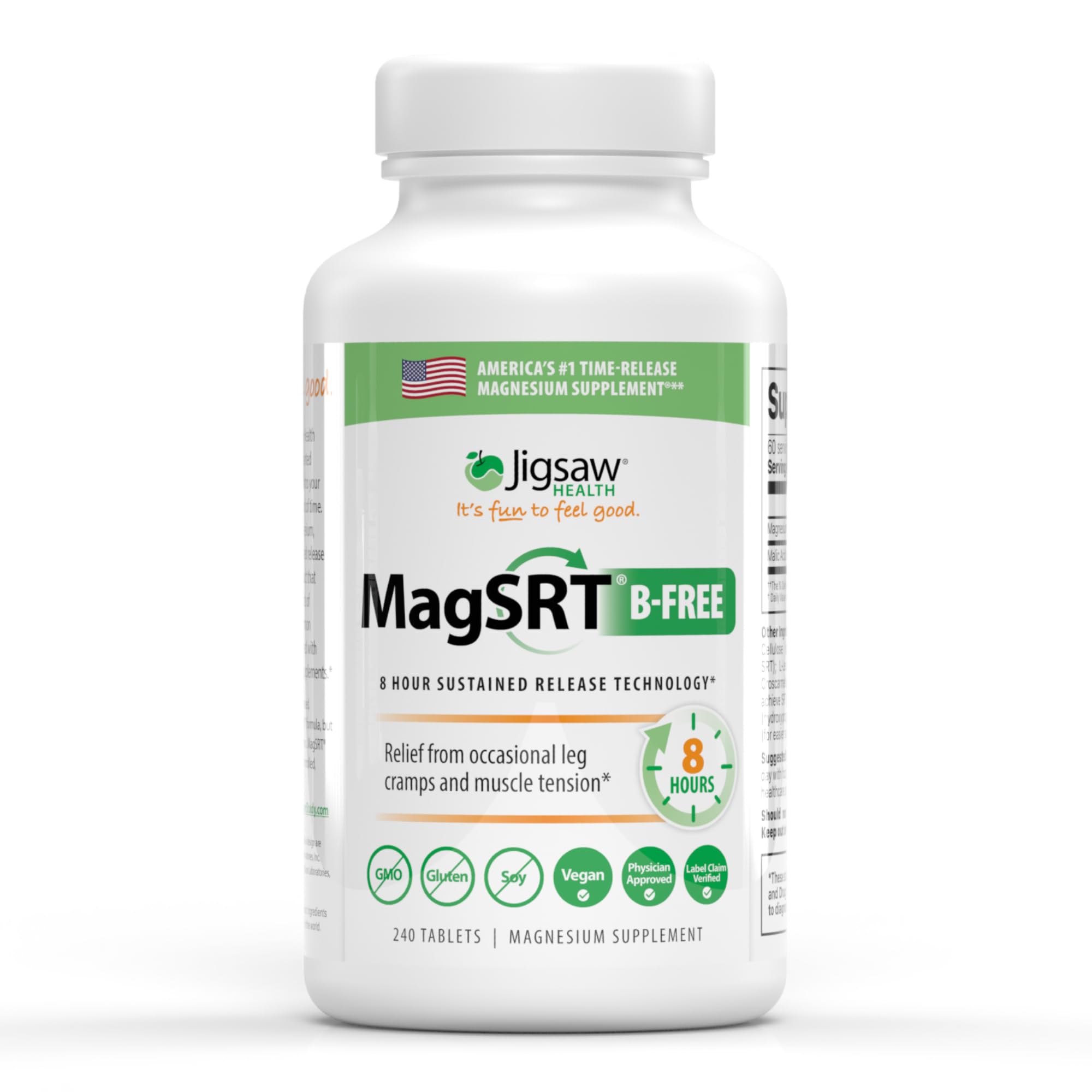 Jigsaw Health MagSRT bottle label promotes steady energy.