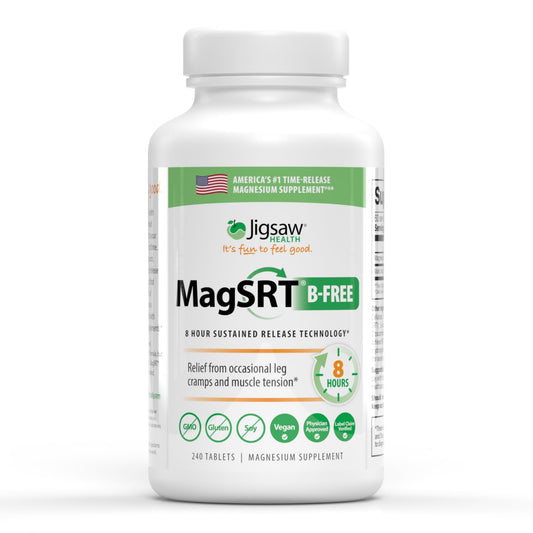 Jigsaw Health MagSRT bottle label promotes steady energy.
