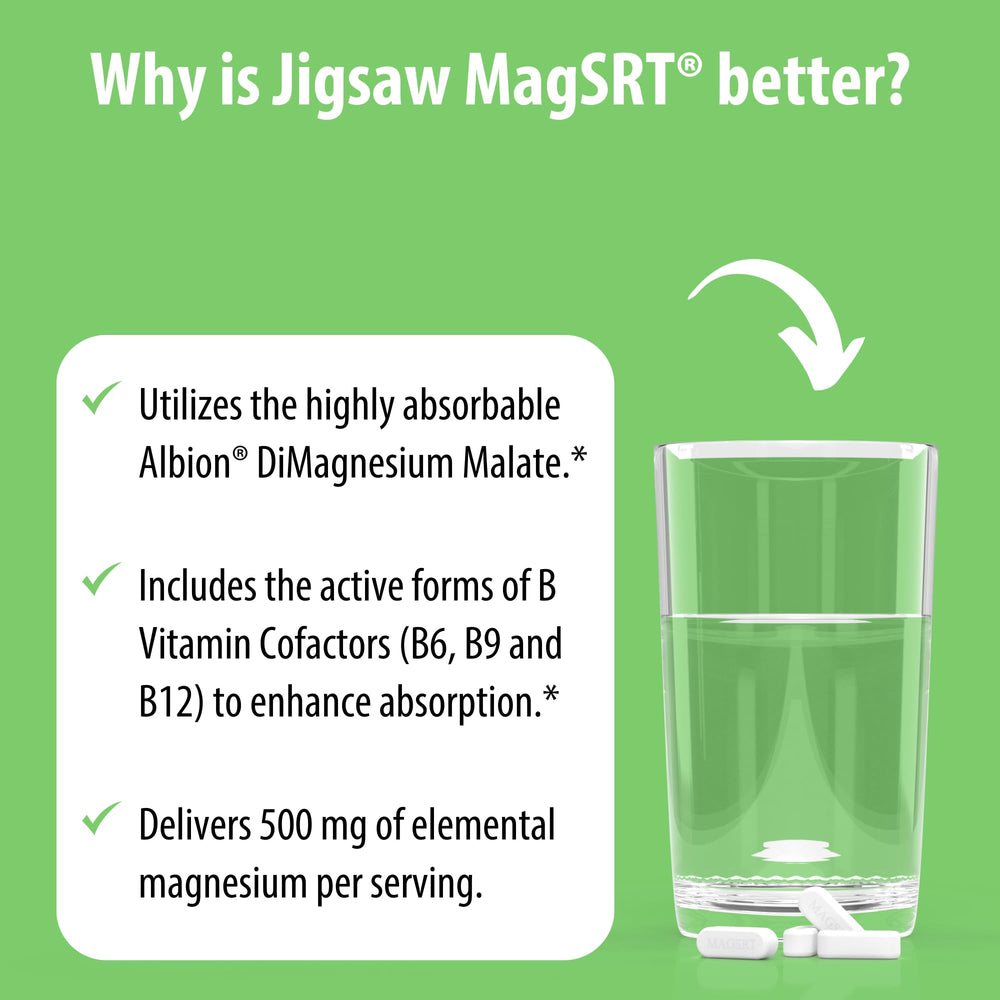Jigsaw Health MagSRT bottle beside a glass of water for daily use