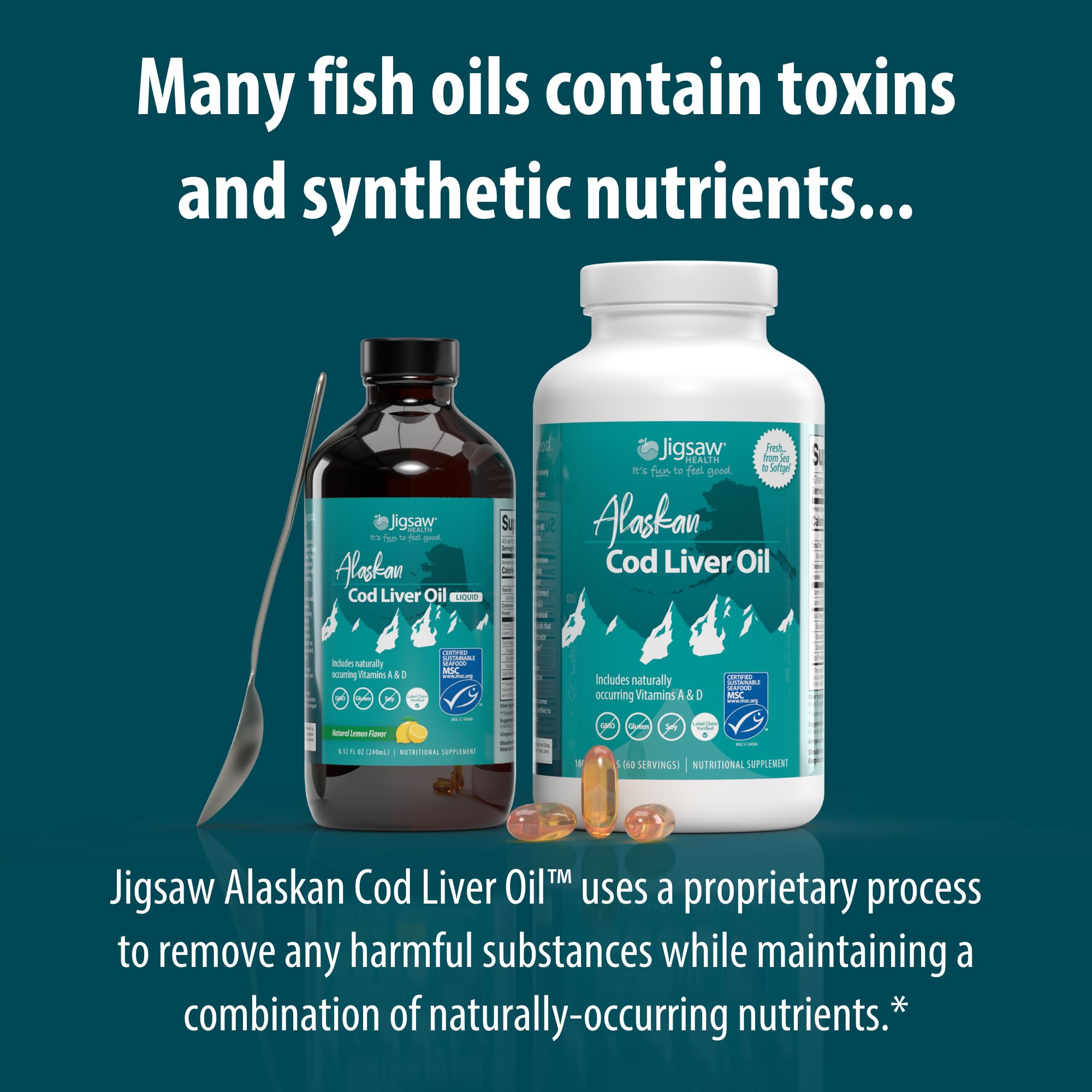 Sustainability logo on Jigsaw Health cod liver oil packaging.