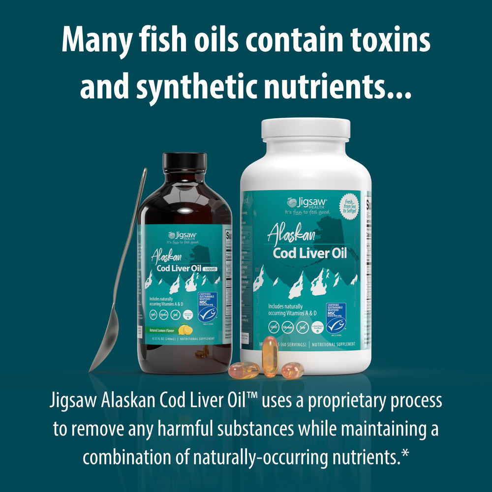 Sustainability logo on Jigsaw Health cod liver oil packaging.