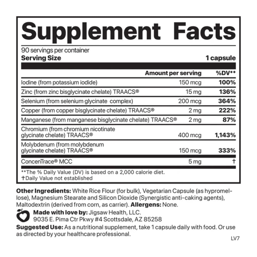 Jigsaw Health Multi-Mineral capsules closeup highlighting smooth, easy-to-swallow capsules.