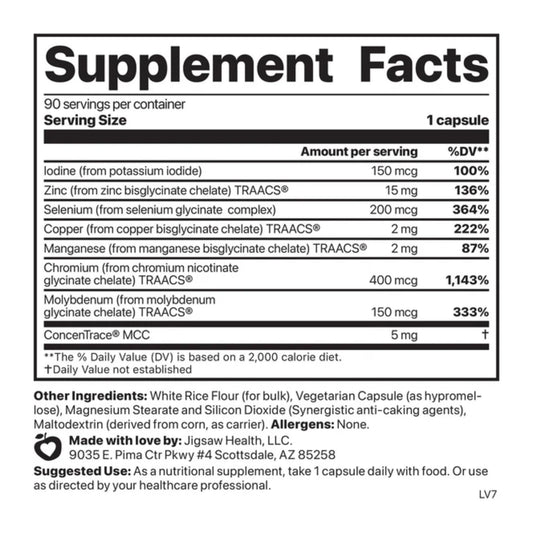 Jigsaw Health Multi-Mineral capsules closeup highlighting smooth, easy-to-swallow capsules.