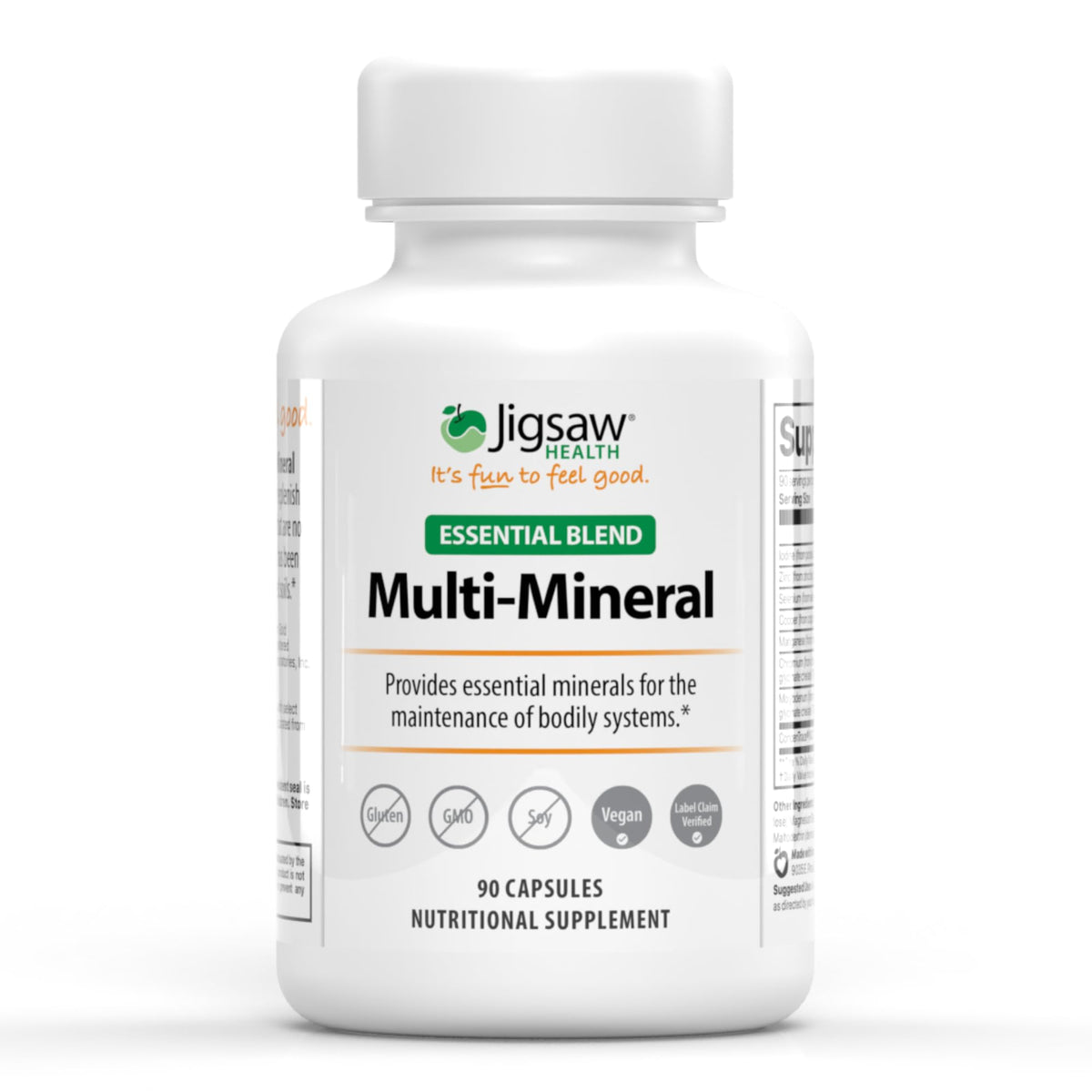 Jigsaw Health Multi-Mineral Essential Blend bottle showing a 90-capsule supply for daily use.