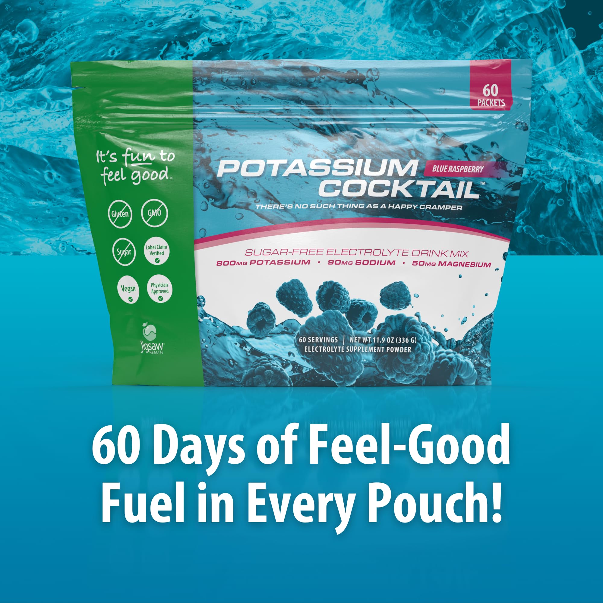 Jigsaw Health Potassium Cocktail blue raspberry pour into a glass for quick hydration.