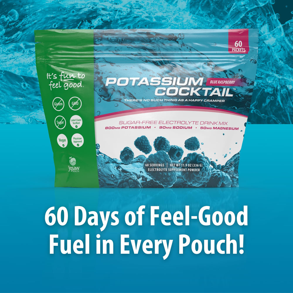 Jigsaw Health Potassium Cocktail blue raspberry pour into a glass for quick hydration.