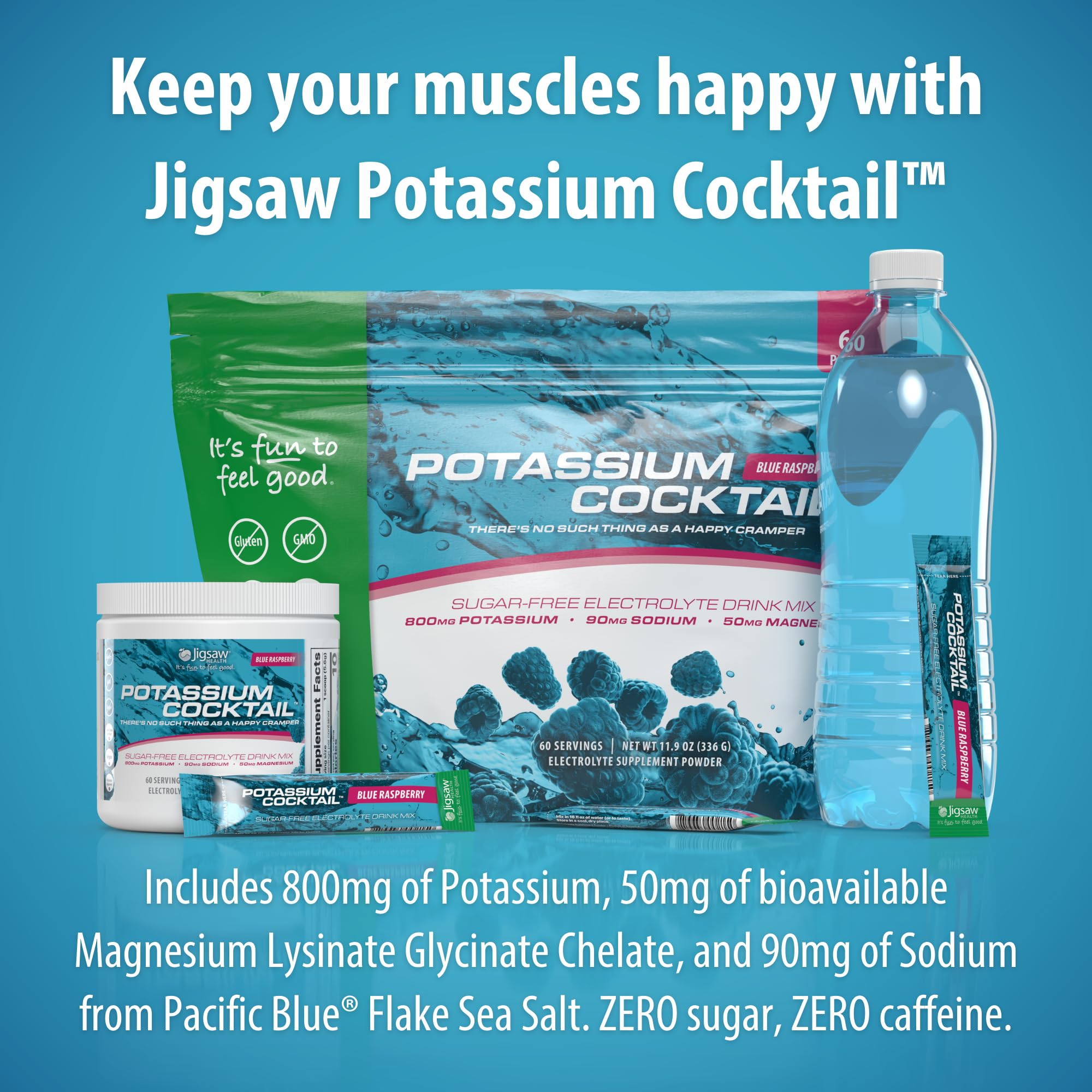 Jigsaw Health Potassium Cocktail blue raspberry taste highlight sugar-free flavor.
