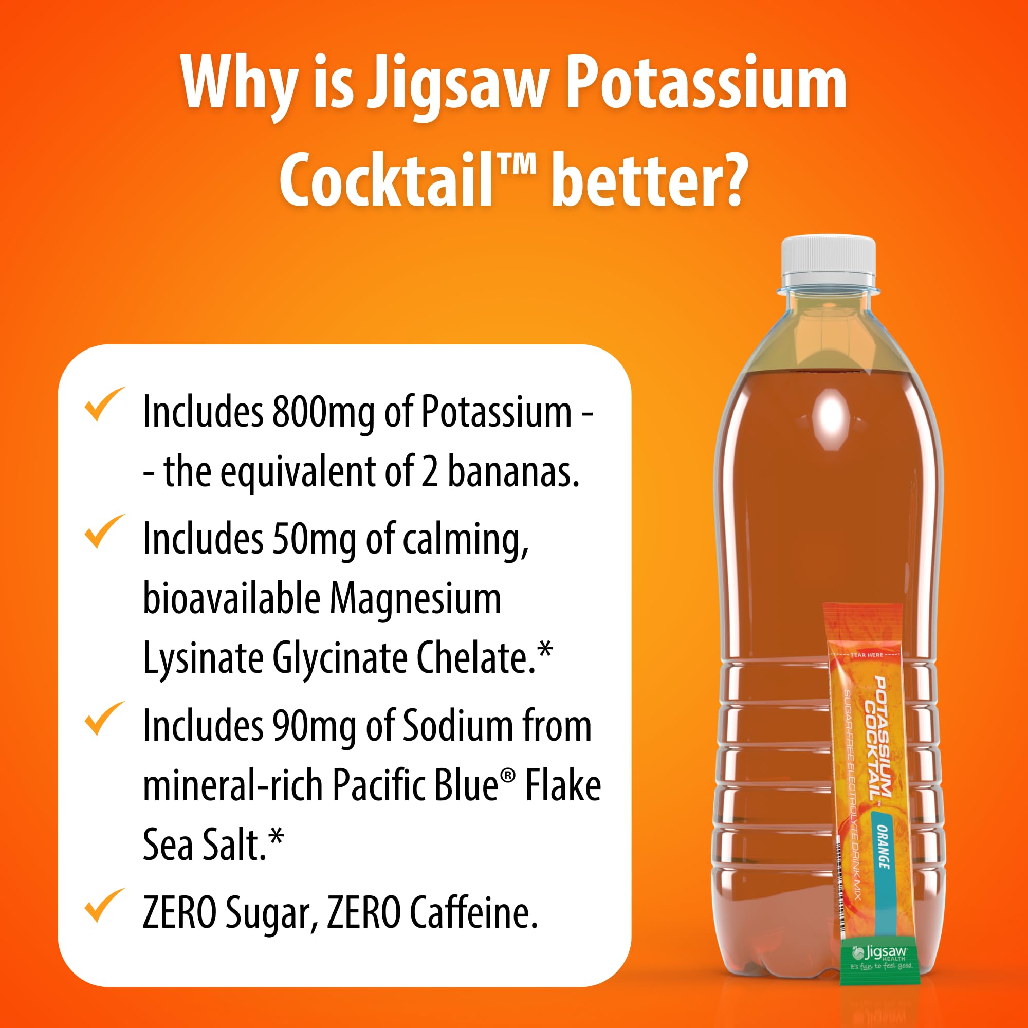 Jigsaw Health Potassium Cocktail orange ingredients and sugar-free formula.