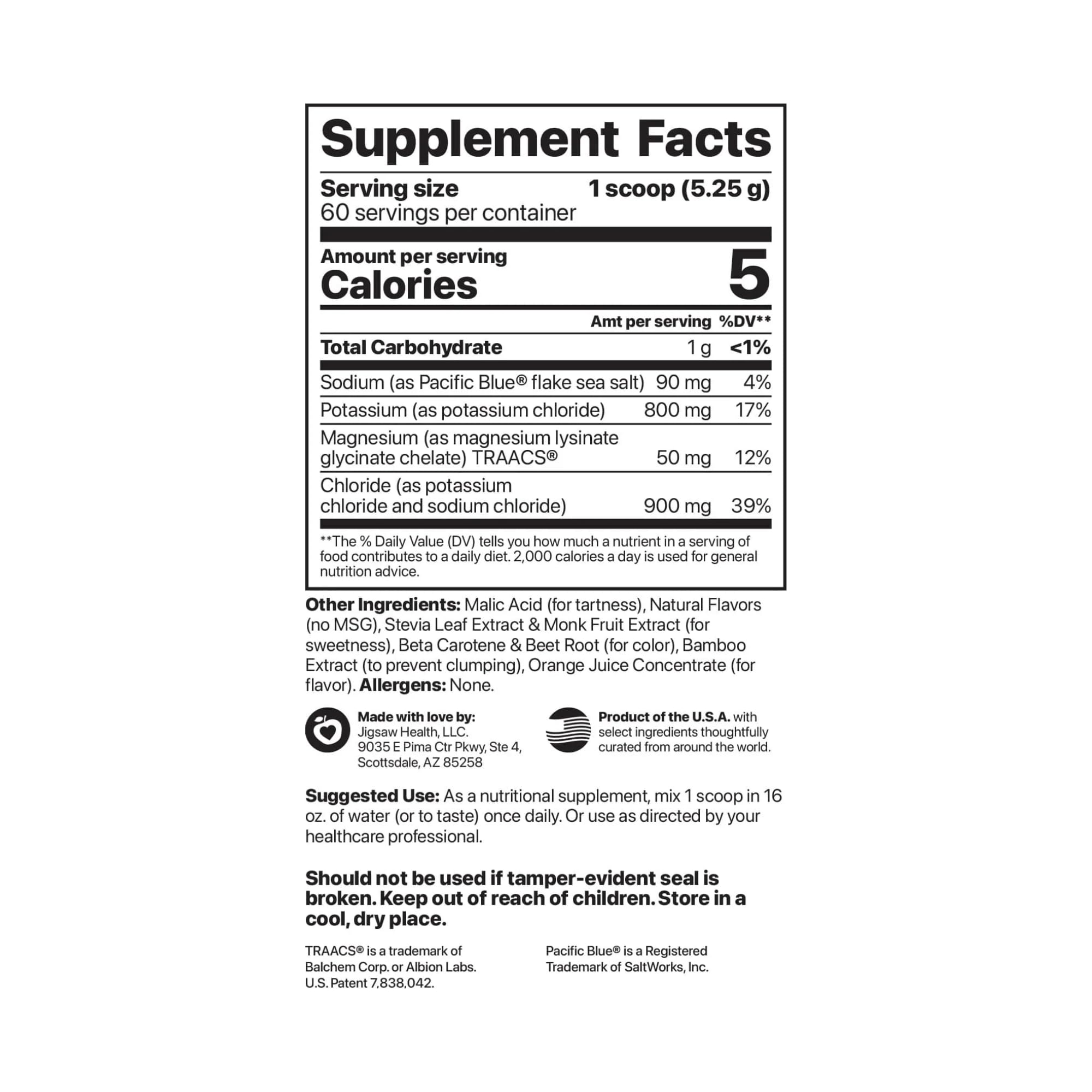 Jigsaw Health Potassium Cocktail orange jar bottle closeup emphasizes sugar-free formulation.