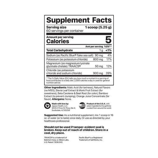 Jigsaw Health Potassium Cocktail orange jar bottle closeup emphasizes sugar-free formulation.