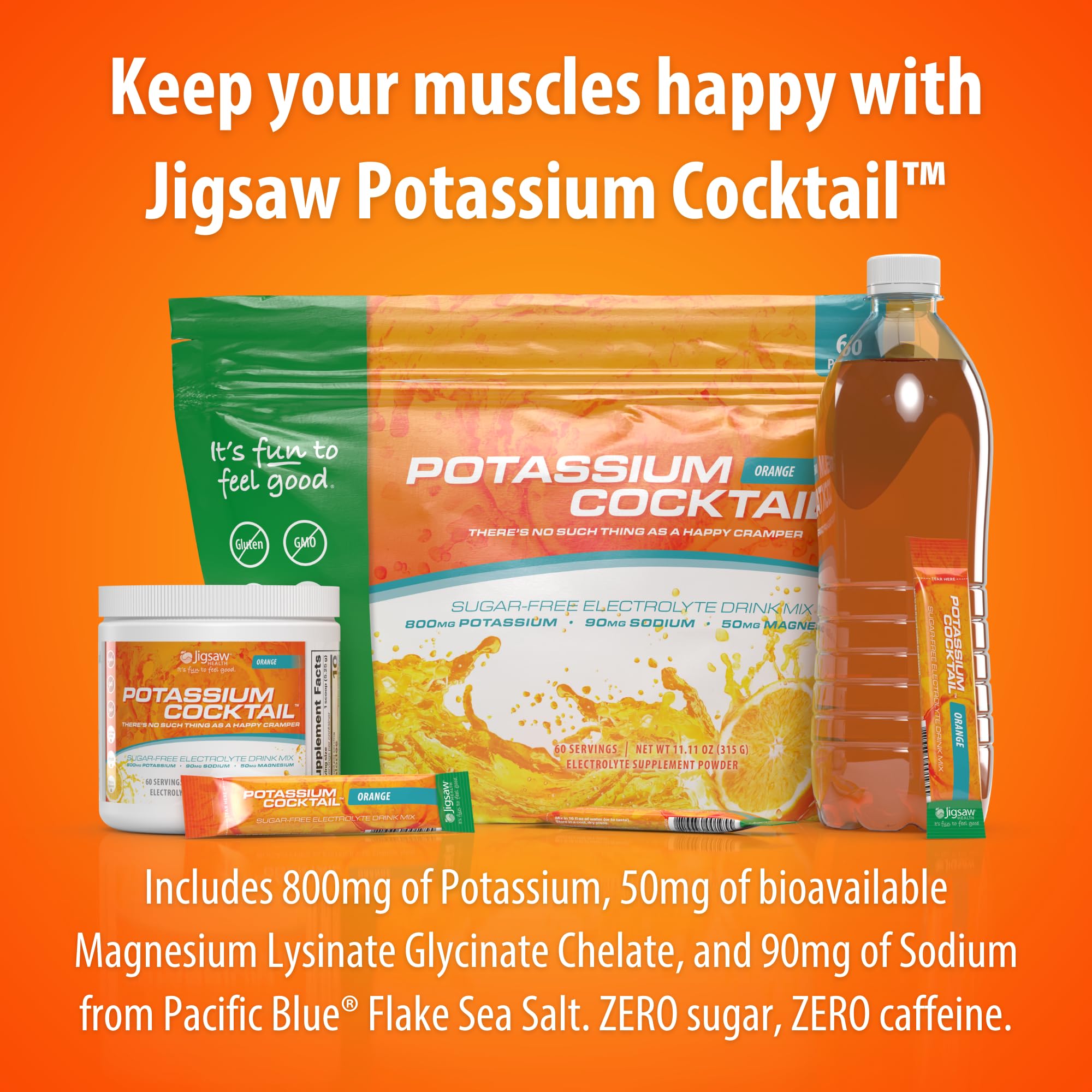 Jigsaw Health Potassium Cocktail orange packaging on shelf signals electrolyte support.