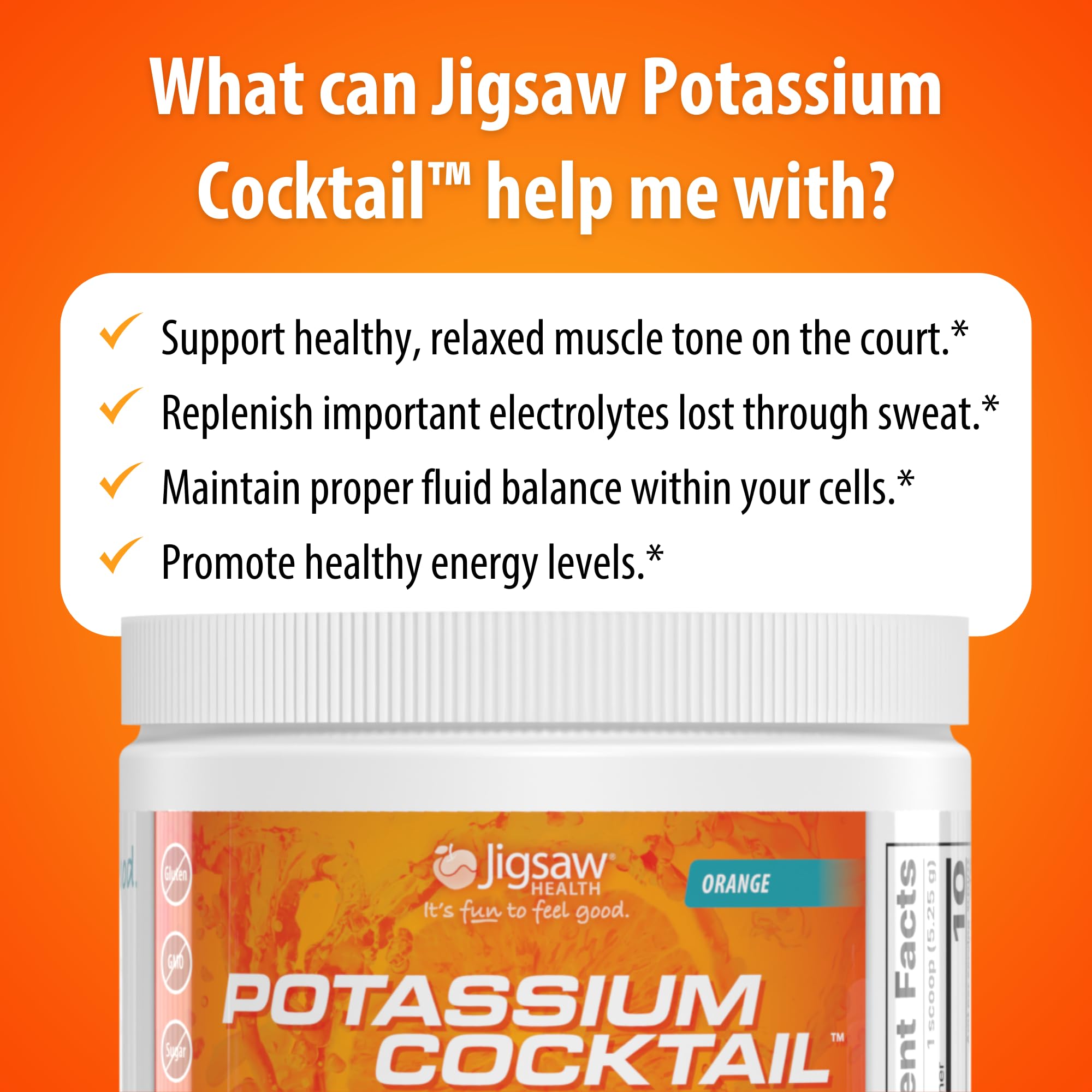 Jigsaw Health Potassium Cocktail orange pickleball-court scene suggests performance-friendly hydration.