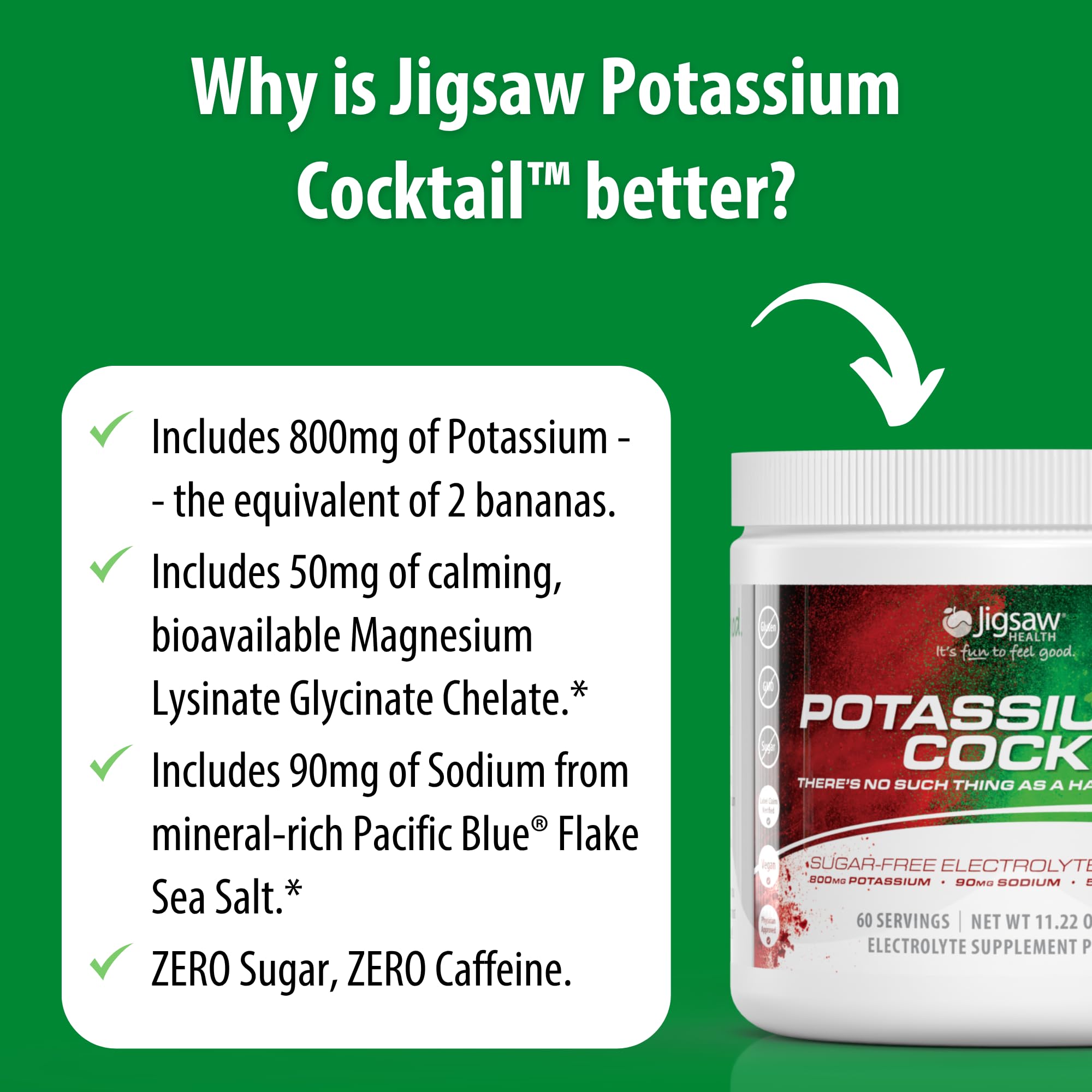 Jigsaw Health Potassium Cocktail packaging box and jar on kitchen counter
