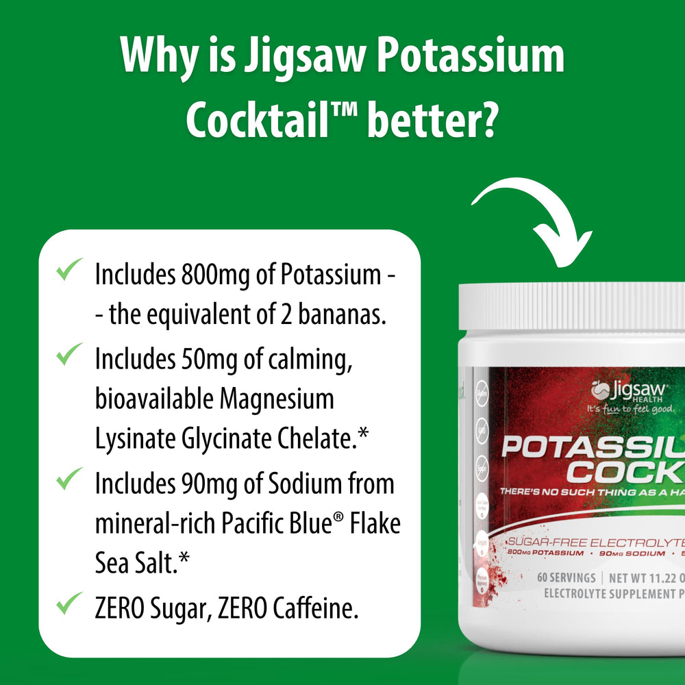 Jigsaw Health Potassium Cocktail packaging box and jar on kitchen counter