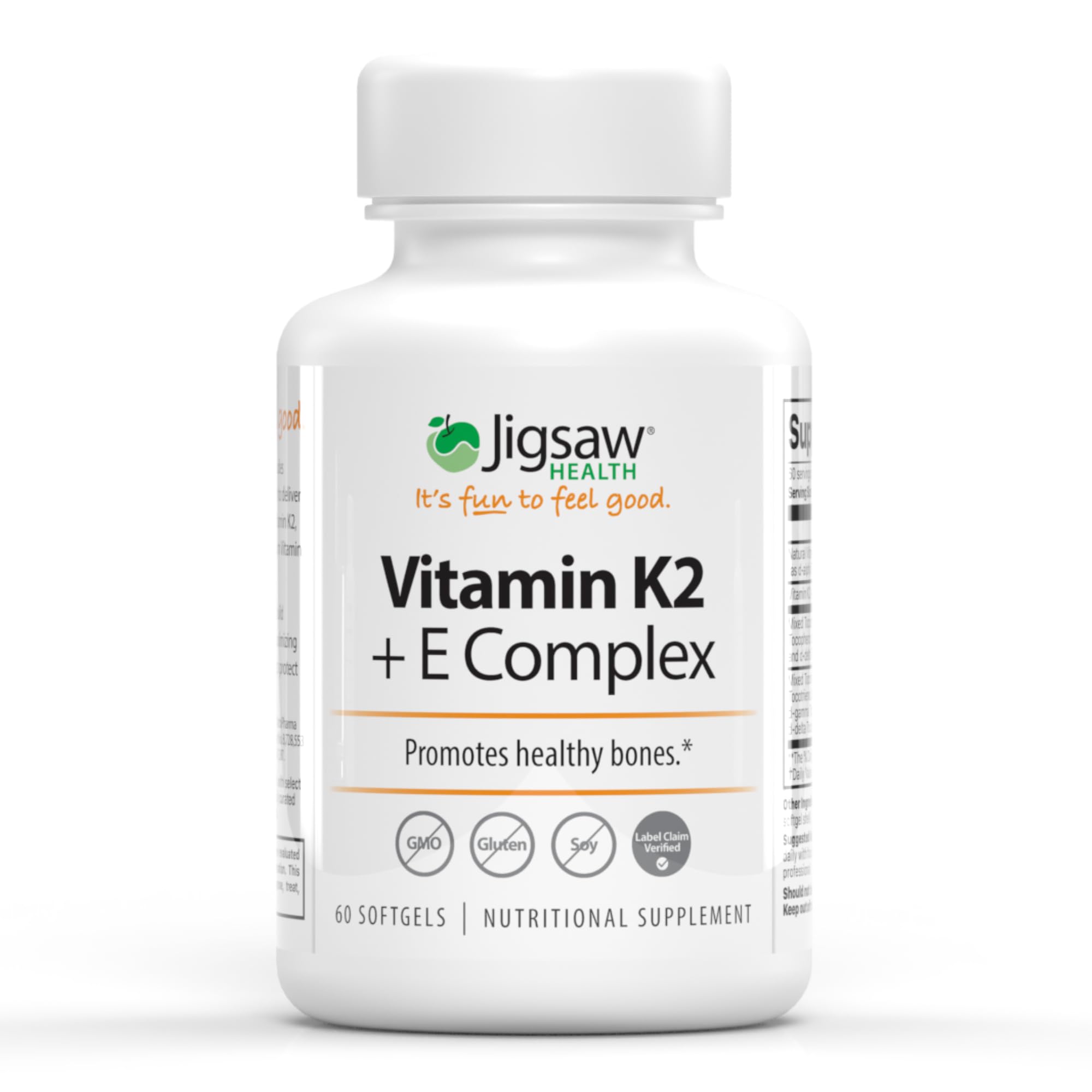 Jigsaw Health Vitamin K2 + E Complex bottle front shows bone-supporting formula