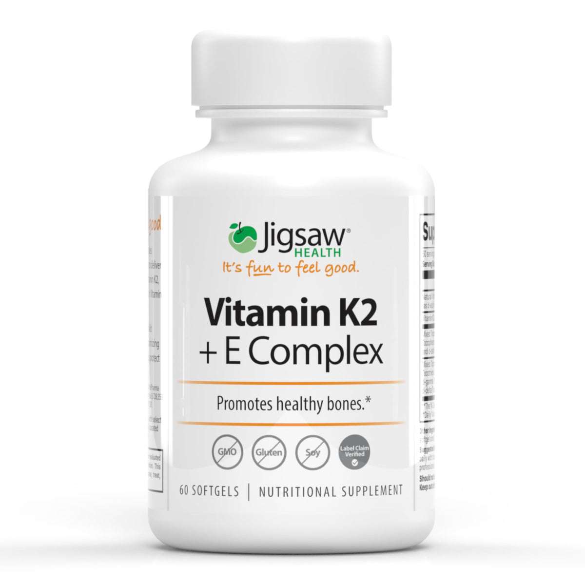 Jigsaw Health Vitamin K2 + E Complex bottle front shows bone-supporting formula