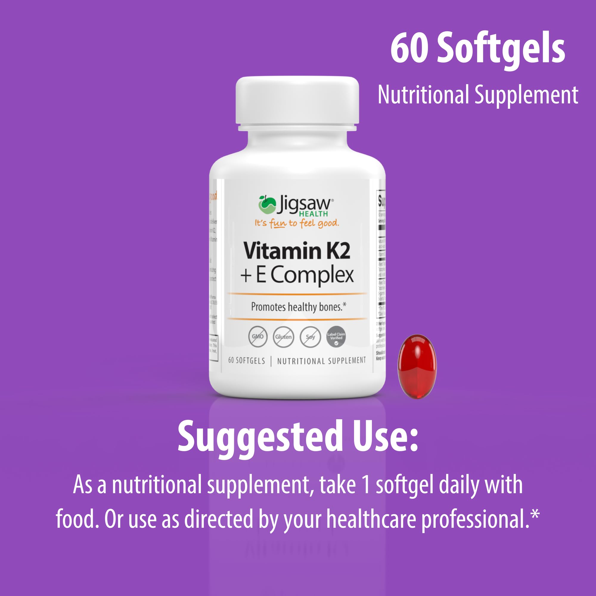 Jigsaw Health Vitamin K2 + E Complex bottle on shelf for everyday use