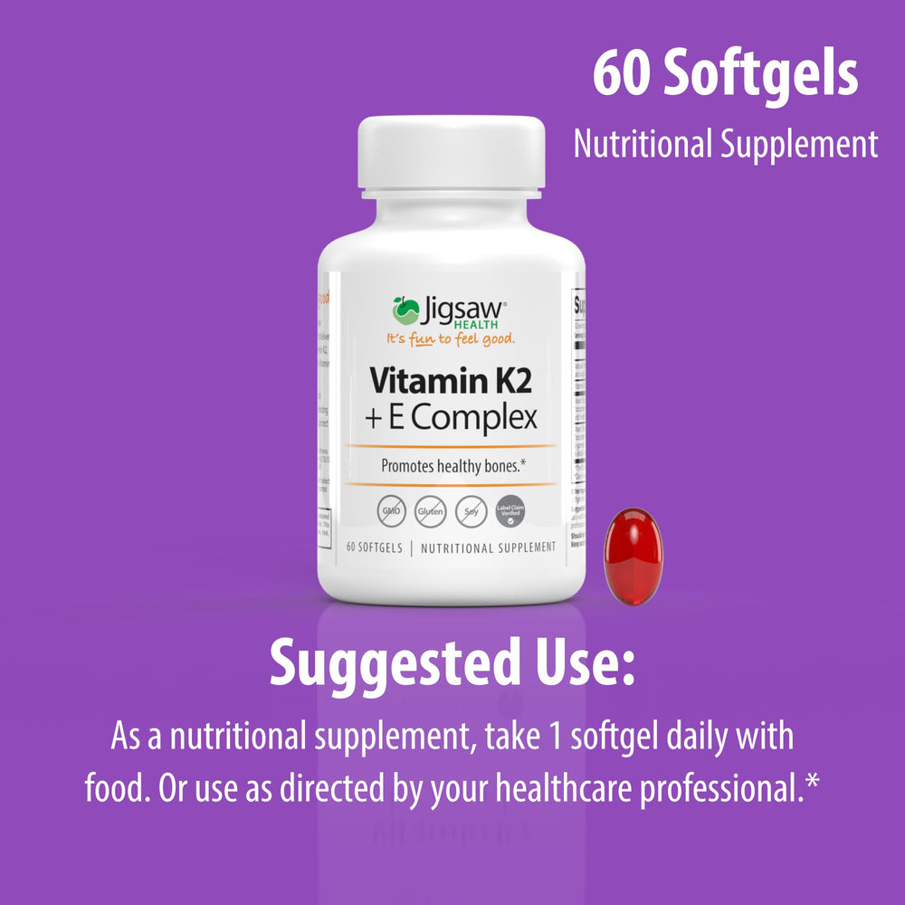 Jigsaw Health Vitamin K2 + E Complex bottle on shelf for everyday use