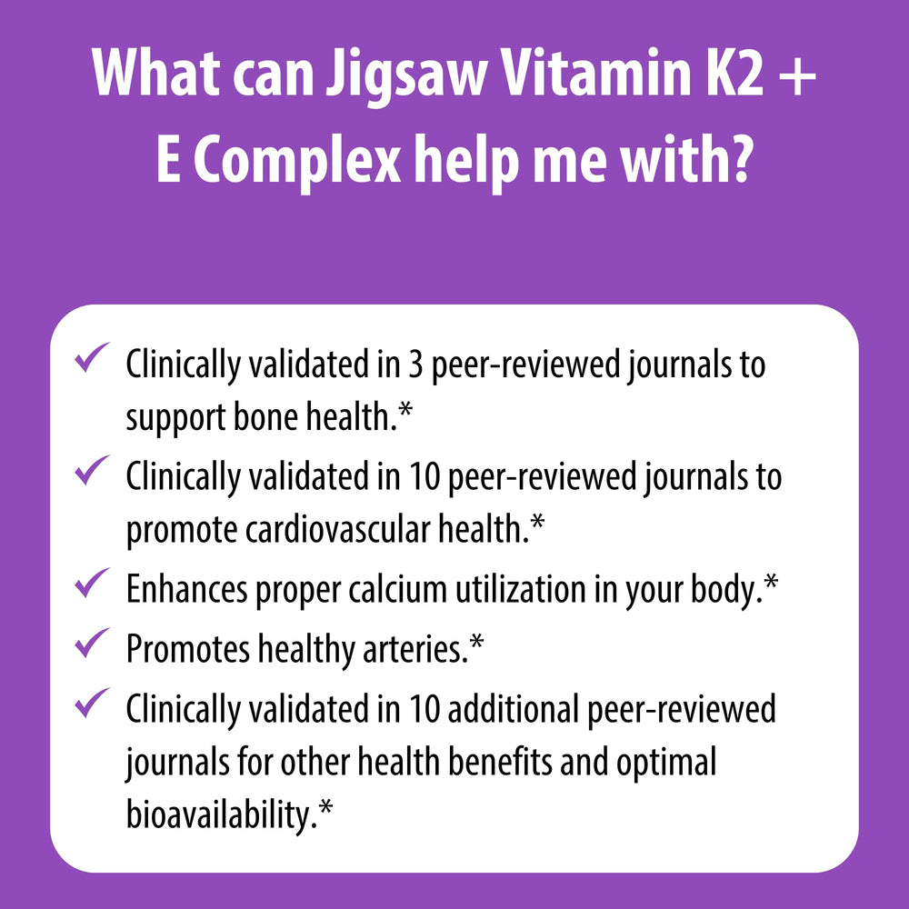 Jigsaw Health Vitamin K2 + E Complex capsule details emphasize vitamin blend