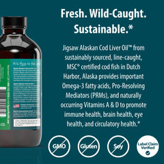 Close-up of Jigsaw Health Cod Liver Oil label showing omega-3 nutrients.