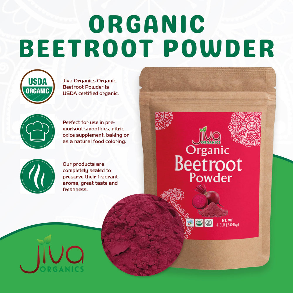 Jiva Organics Beet Root Powder in smoothie pour for vibrant color.