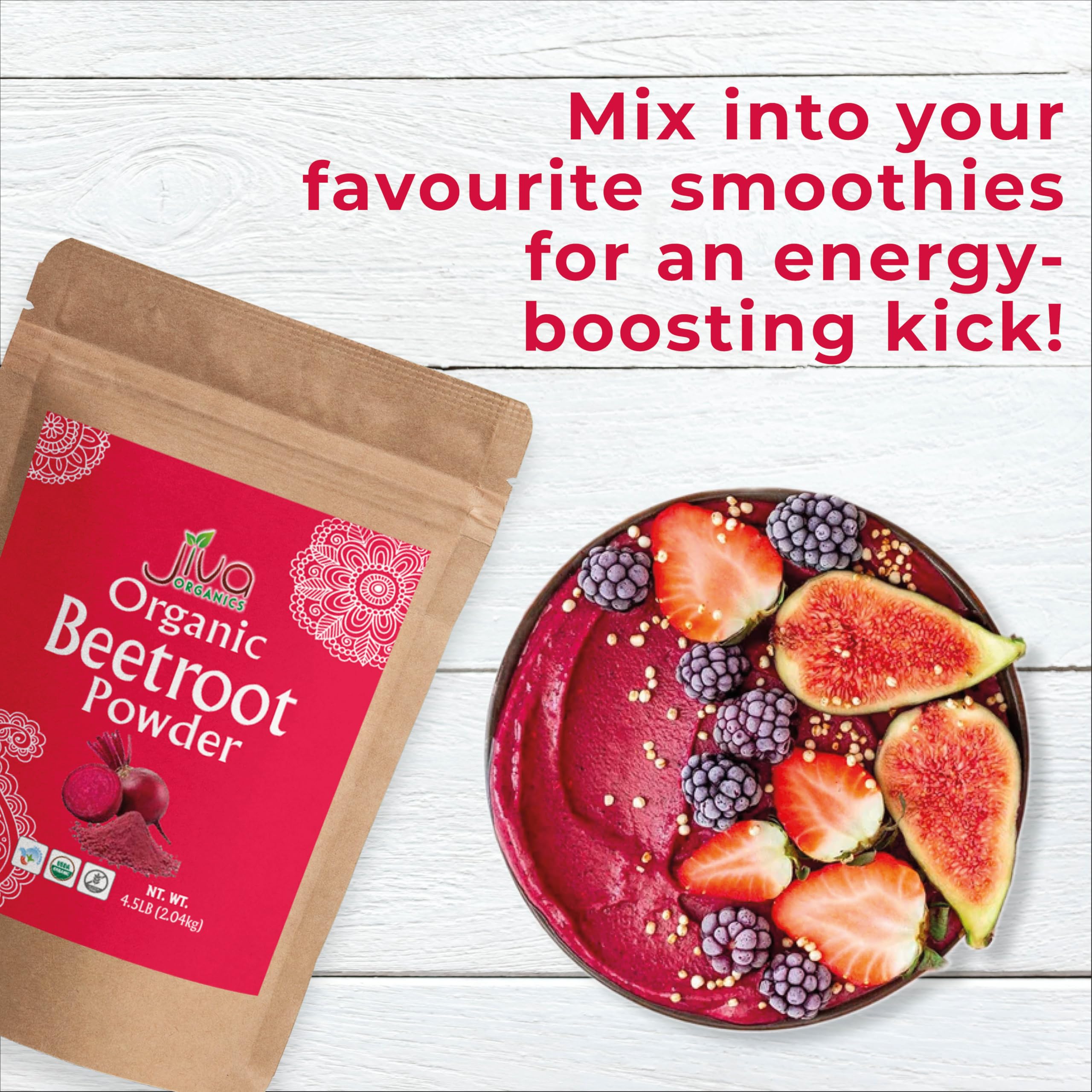 Jiva Organics Beet Root Powder vegan non-GMO label close-up.
