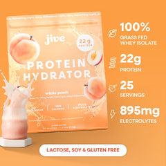 Tub close-up reveals clear whey protein with no chalky residue.