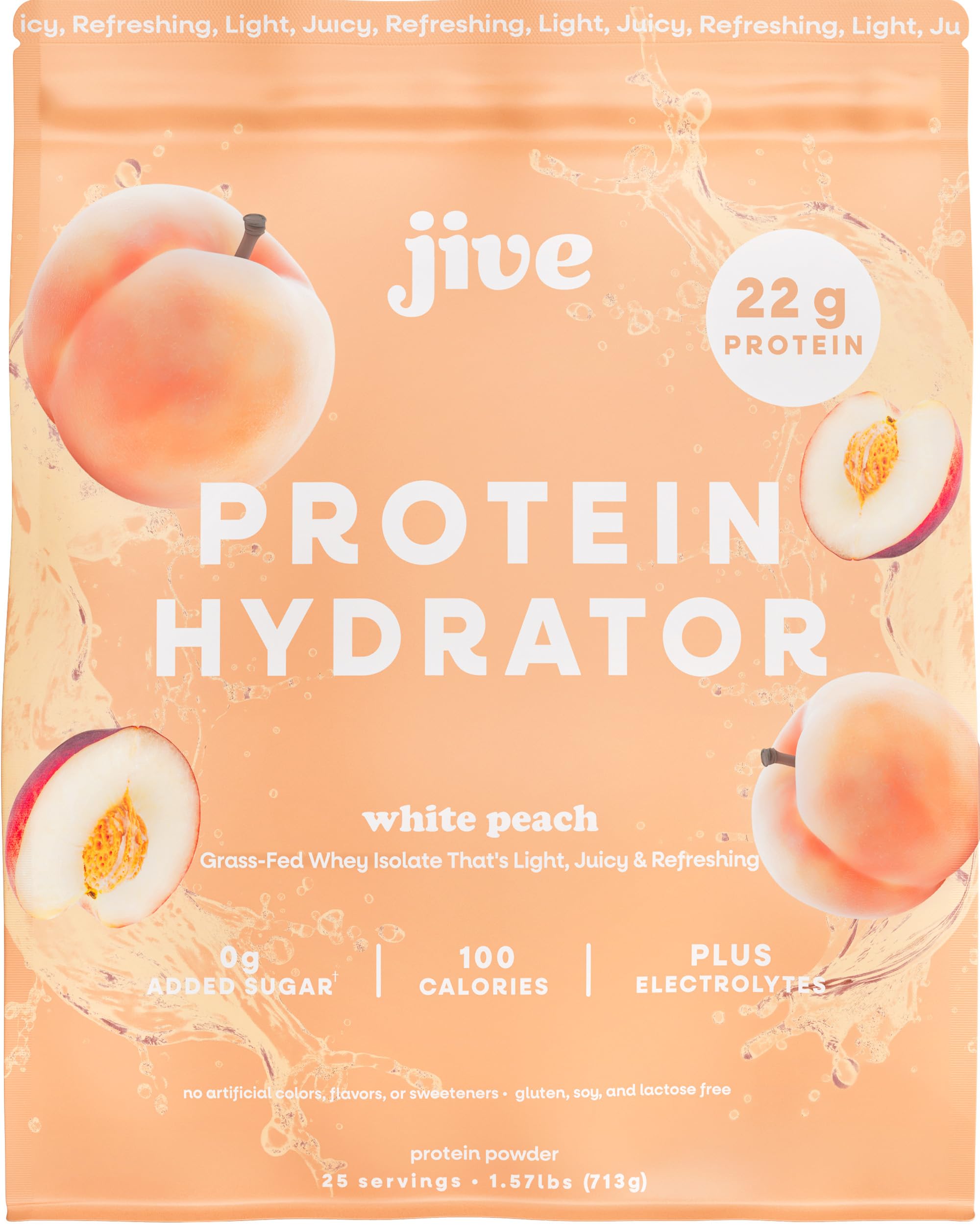 Jive Clear Protein Powder white peach bottle promises a refreshing protein drink.