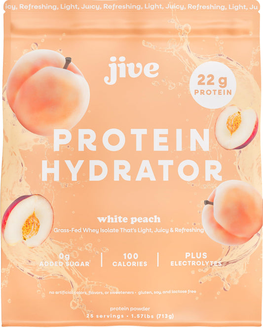 Jive Clear Protein Powder white peach bottle promises a refreshing protein drink.
