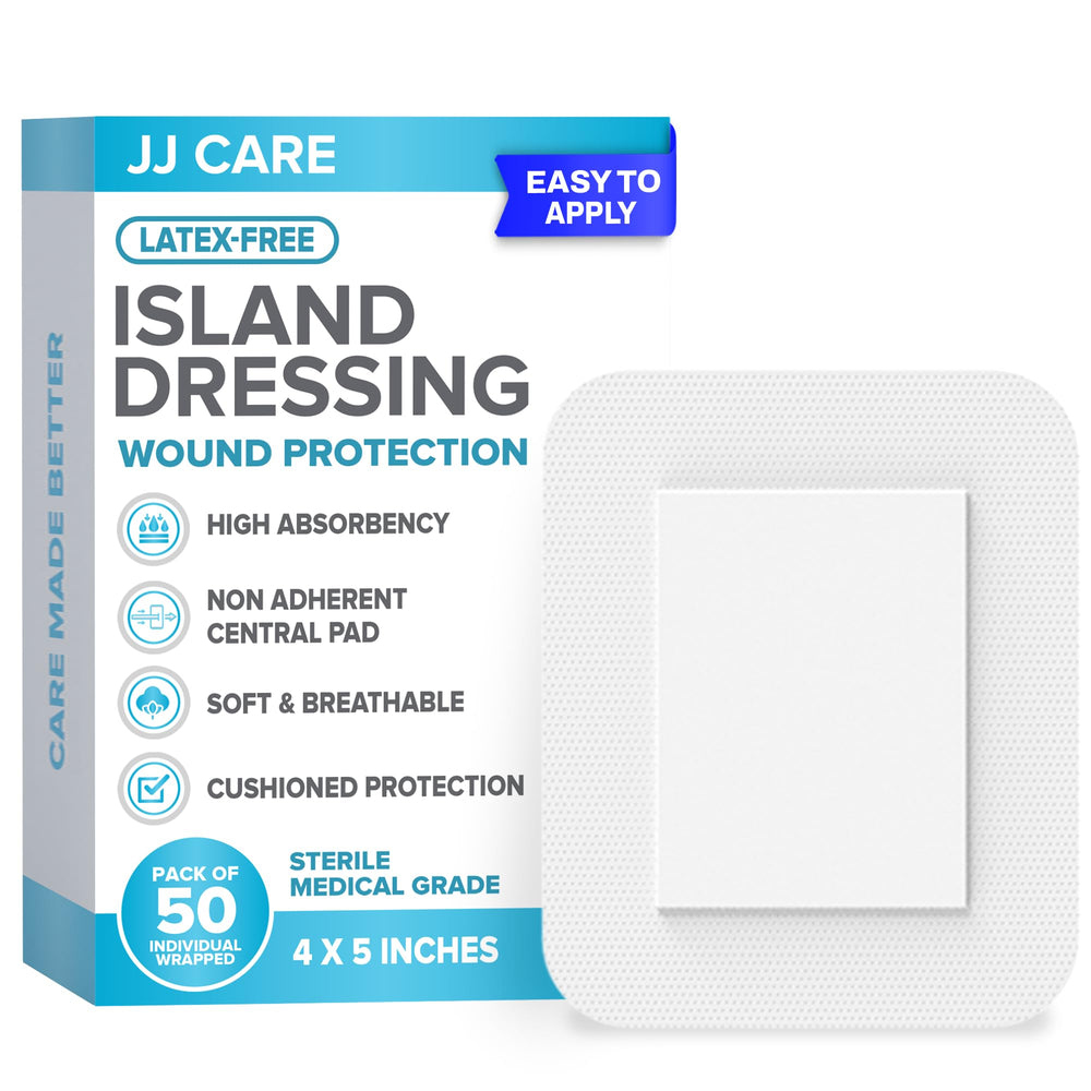 JJ CARE adhesive island dressing pack of 50 provides reliable wound protection and hygiene.