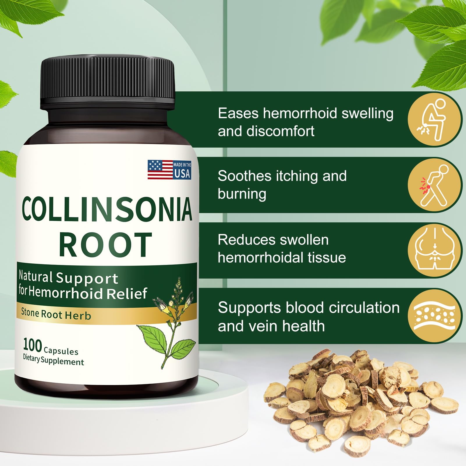 Jkrova Collinsonia root capsules closeup highlighting 100-count packaging
