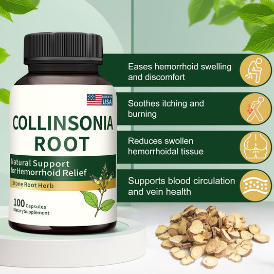 Jkrova Collinsonia root capsules closeup highlighting 100-count packaging